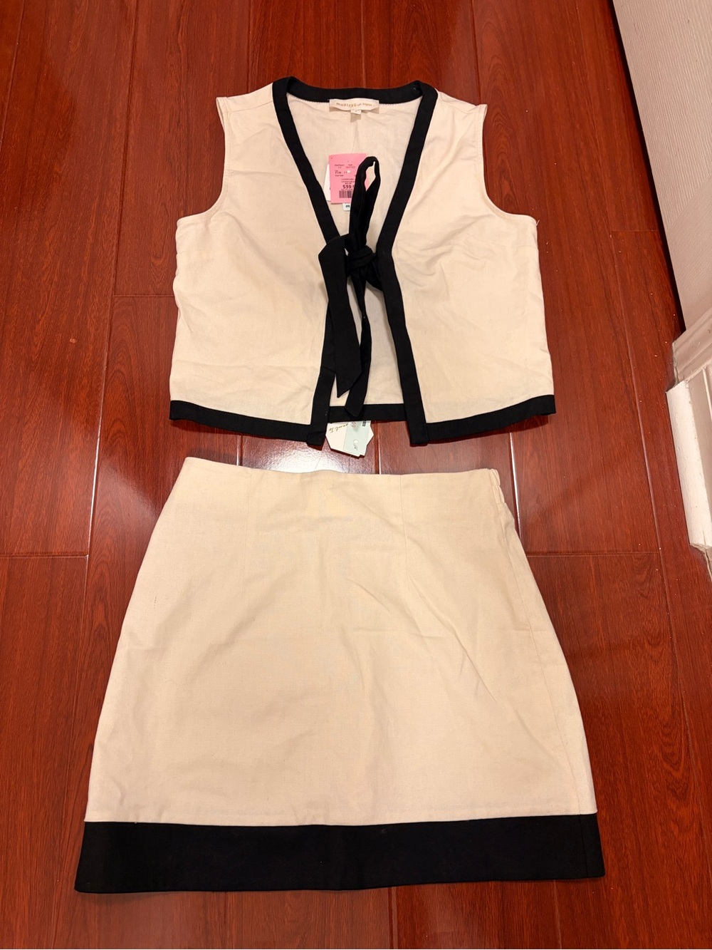 Two-Piece Ivory & Black Trim linen Skirt Set